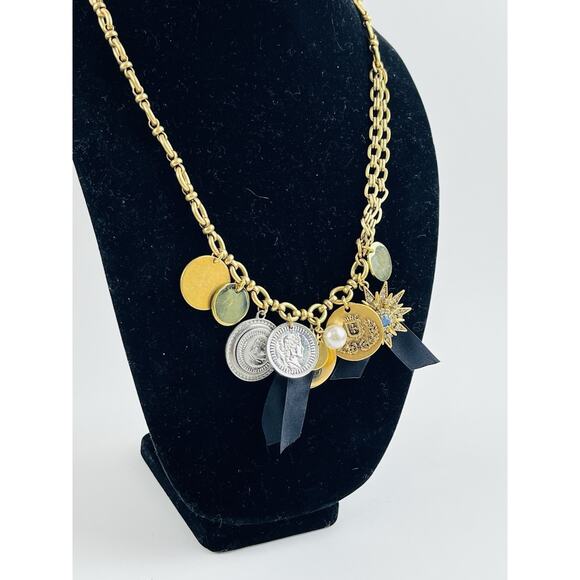 J.Crew Coin Charm Necklace Crystal Star Black Chunky Gold Heavy Rare Unique Disc - Picture 2 of 16